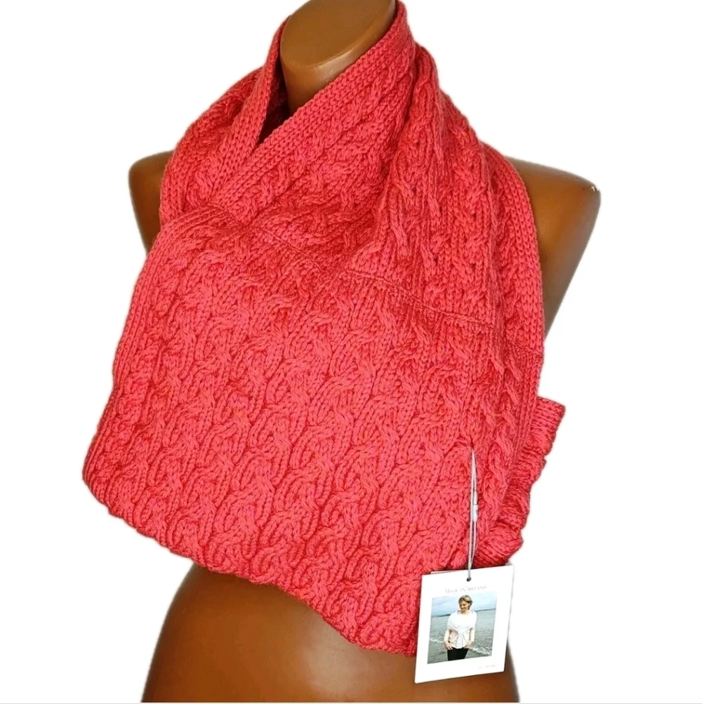 Aran Ireland Irish Merino Wool Pull Thru Neck Scarf Red Coral Cable Knit Nwt